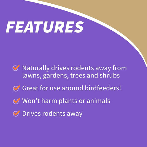 Features list of Outdoor Chipmunk Squirrel and Rodent Repellent Spray 32 Oz formula, highlighting natural deterrent benefits.