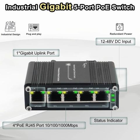 Five Port Gigabit PoE Switch With One Uplink Port For DIN Rail Mount IEEE 802.3af At Power Over Ethernet Up To 30W front view