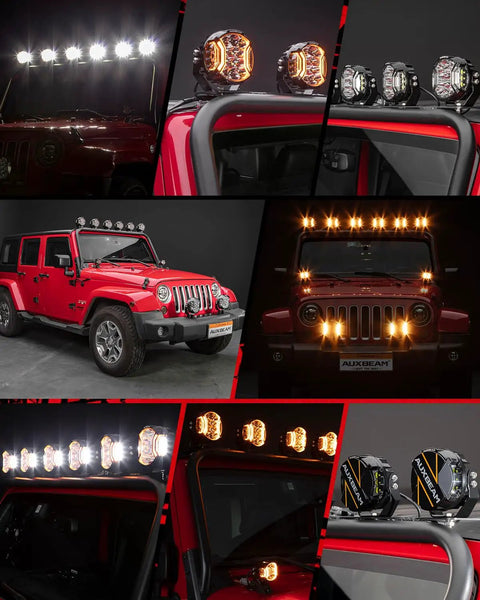 Side Shooter LED Light Bar, 5 Inch 172W Offroad Lights Pods 20400LM mounted on red Jeep, showcasing dual color amber DRL and spotlight