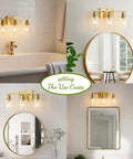 Three-Light Vanity Light With Clear Glass Shades In Brushed Brass Finish Wall Sconce shown in various settings