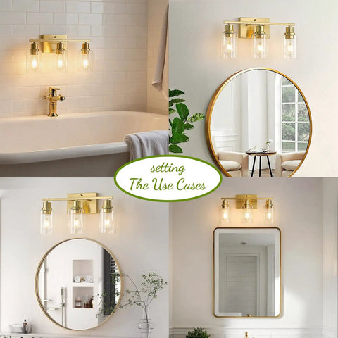 Three-Light Vanity Light With Clear Glass Shades In Brushed Brass Finish Wall Sconce shown in various settings