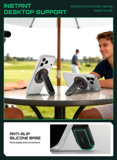 Magnetic Golf Cart Phone Holder With Dual Sided MagSafe Mount Easy Snap In Phone Stand shown on table in use