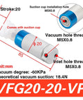 Close-up view of Rugged Mechanical Arm Gripper Cylinder And Pneumatic System With Vacuum Generator Suction Cup details and dimensions.