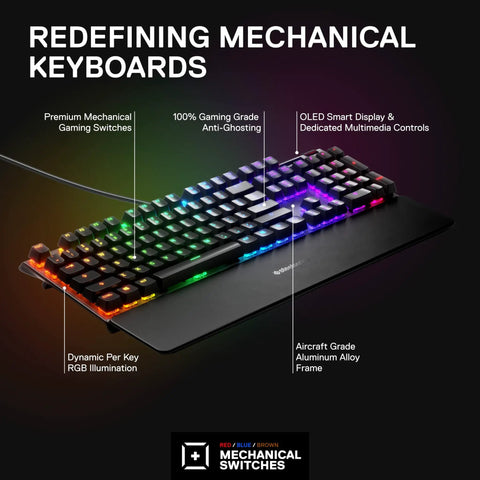 Top Tier Mechanical Gaming Keyboard Featuring Integrated OLED Display USB Passthrough Media Controls Heavy Duty Aluminum Housing Tactile Clicky Blue Switches Full Spectrum RGB Lighting For Gamers, showcasing dynamic RGB illumination.
