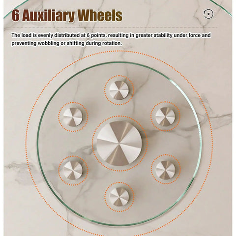 Top view of Tempered Glass Round Turntable With Six Wheels Large Lazy Susan Style Serving Tray showcasing wheels.