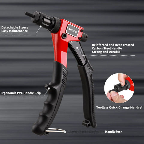 Red and black 8 Inch Rivet Nut Tool Kit With 9 Metric And SAE Mandrels, ergonomic handle, and quick-change mandrel.