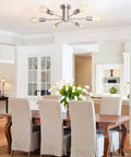 Six Light Brushed Nickel Sputnik Semi Flush Mount Ceiling Light Fixture with Mid Century Modern Vibe in dining room