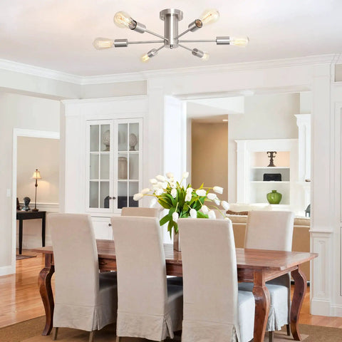 Six Light Brushed Nickel Sputnik Semi Flush Mount Ceiling Light Fixture with Mid Century Modern Vibe in dining room