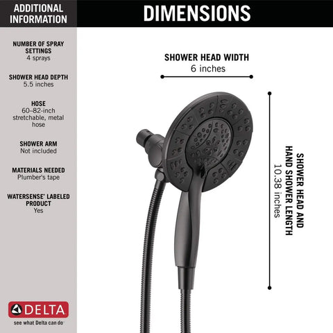 Dual Shower Head With Handheld Spray 2 In 1 Matte Black With Hose 1.75 GPM Flow Rate Four Spray Options For Full Body Massage