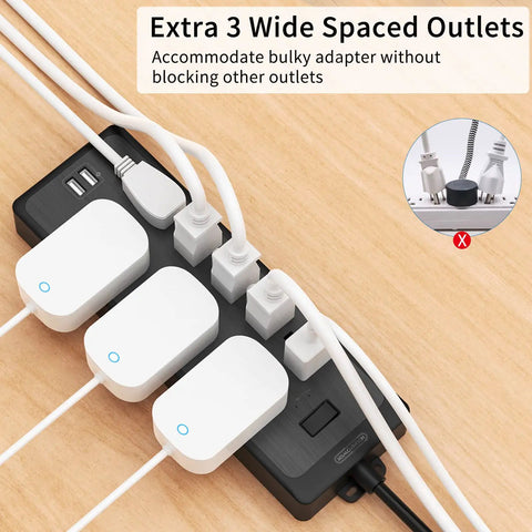 15ft Flat Plug Power Strip Surge Protector With 6 Outlets And 2 USB Ports, 1080 Joules, shown in use with cords.