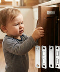 Child near cabinet secured with No Drill Magnetic Cabinet Door Catch Set With Heavy Duty Stainless Steel Latches