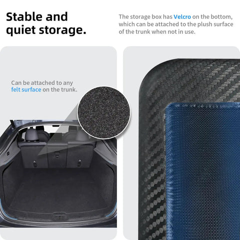 Tesla Model S X Y Jack Pad Set Four Pack Rubber Lift Pads storage case with Velcro for trunk attachment, close-up view.