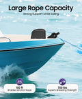 Electric Boat Anchor Winch With Remote Pulls 100 Feet Of Rope Effortlessly For Small Vessels Up To 24 Feet shows 100 ft braided rope on a blue boat.