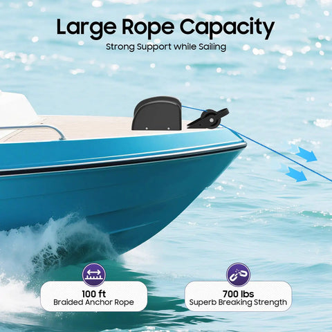 Electric Boat Anchor Winch With Remote Pulls 100 Feet Of Rope Effortlessly For Small Vessels Up To 24 Feet shows 100 ft braided rope on a blue boat.