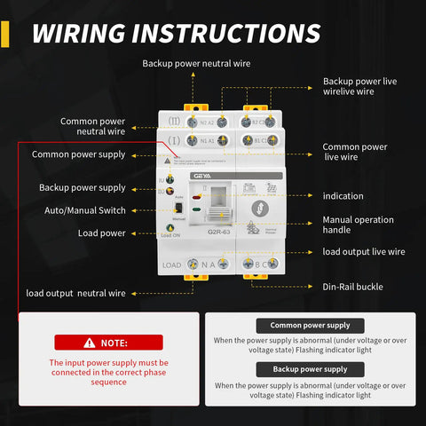 Dual Power Transfer Switch For UPS With Auto And Manual Modes No Fuss Setup Over Voltage And Under Voltage Protection Solar Ready DIN Rail Mount 2P 63A AC 110V Uninterruptible Power Supply Safety And Fast Source Switching wiring diagram with terminal labels