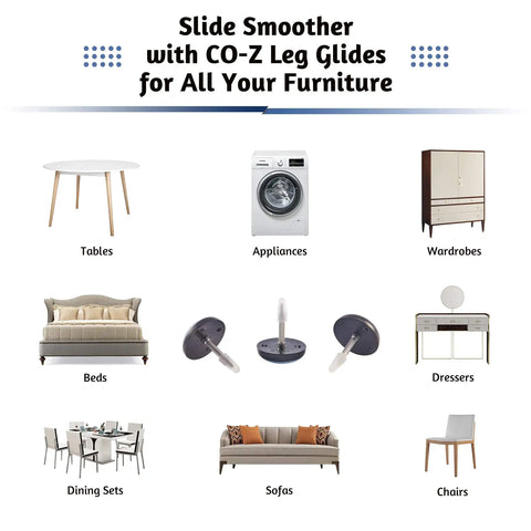 Image showing slider for 'Slide Smoother with CO-Z Leg Glides' featuring tables, appliances, wardrobes, beds, dressers, and chairs.