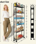 Slim Rolling Storage Cart With Wheels, 6-Tier Narrow Black Shelf On Casters, Space Saving Organizer For Kitchen Use