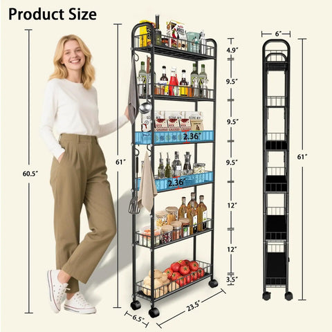 Slim Rolling Storage Cart With Wheels, 6-Tier Narrow Black Shelf On Casters, Space Saving Organizer For Kitchen Use