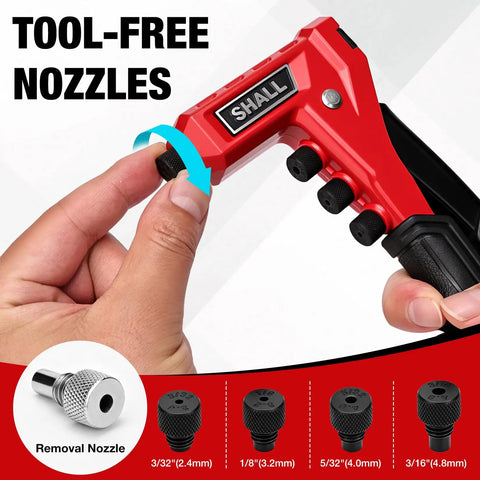 Person adjusting tool-free nozzle on One Handed Rivet Gun Kit With 200 Pop Rivets And 4 Interchangeable Nosepieces 4 HSS Drill Bits Carrying Case
