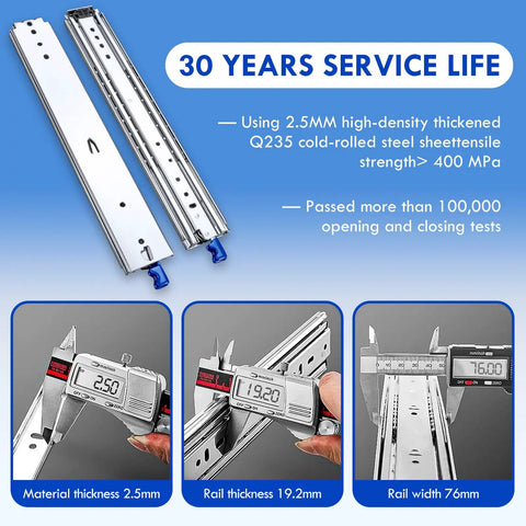 Beefy Heavy Duty Locking Drawer Slides With 390 Lb Load Capacity, 18 To 40 Inch Full Extension Side Mount Ball Bearing Cabinet Rails shown