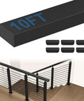 Heavy Duty 10 Foot Stainless Steel Cable Railing Handrail Black Flat Top Kit with nylon end caps, shown on stairs