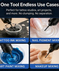 Pro Tattoo Ink Mixer Kit with 55 piece ink mixer sticks shown mixing tattoo ink, nail pigment, art paint, and makeup.