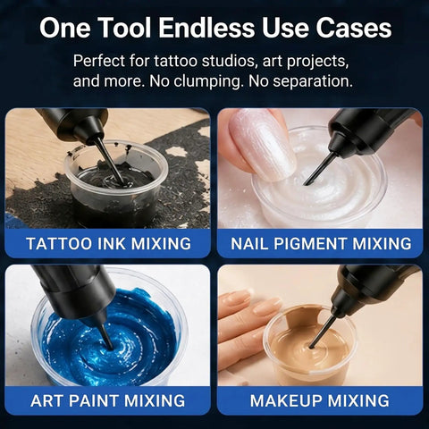 Pro Tattoo Ink Mixer Kit with 55 piece ink mixer sticks shown mixing tattoo ink, nail pigment, art paint, and makeup.