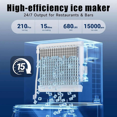 Industrial Ice Maker With 680 Lbs Per Day Output And 210 Ice Cubes In 5 To 15 Minutes 580 Lb Storage Capacity Auto Clean Stainless Steel Commercial Ice Machine For Busy Bars And Cafes with high efficiency feature illustration