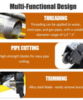 Built Different Heavy Duty Electric Pipe Threader Threading Machine With Self Oiling System And NPT BSP Dies showing threading, cutting, and trimming features.