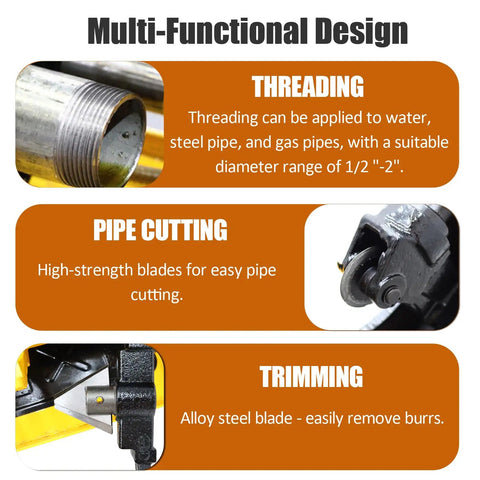 Built Different Heavy Duty Electric Pipe Threader Threading Machine With Self Oiling System And NPT BSP Dies showing threading, cutting, and trimming features.
