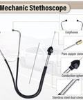 Two Pack Mechanic Stethoscope With Precision Metal Probe For Sniffing Out Engine Noises Transmission Gremlins Universal Auto Diagnostic Tool For Cars Trucks SUVs And RV showing earphones and pure copper connectors.