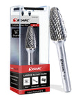 Front view of EZARC tungsten carbide rotary burr SF-5 with 1/4-in shank in a clear plastic storage case.