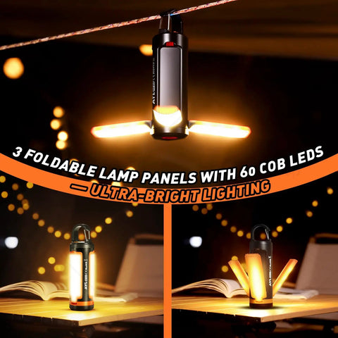 "Portable USB Rechargeable Camping Lanterns with foldable LED panels illuminating a table, ideal for outdoor adventures."