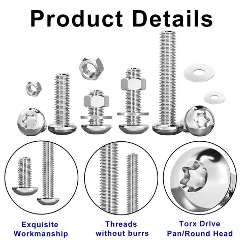 Boss 304 Stainless Steel Torx Button Head Screws Set With 900 Pieces M2 M2.5 M3 Bolts Nuts Washers Star Drive Round Head Machine Screws Fully Threaded Includes T6 T8 T10 Wrench