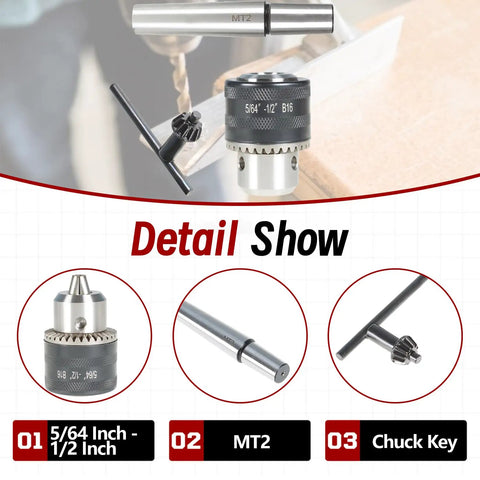 Mini Metal Lathe Drill Chuck With MT2 Arbor, Five Sixty Fourth Inch To One Half Inch Clamping Range, Durable Steel Chuck