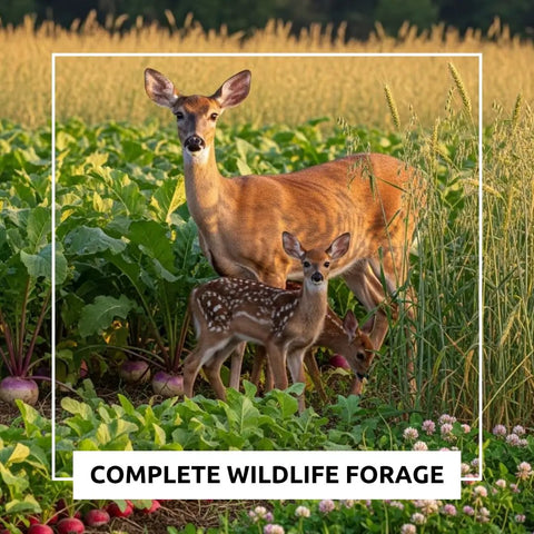 Buffalo Blend Deer Plot Seed With Turnip Radish Clover Wheat Rye And Oats For High Protein Deer Forage Fall And Winter Food Plot Seed For Hunting And Wildlife Growth 5 Pound Bag, with deer grazing in a lush field.