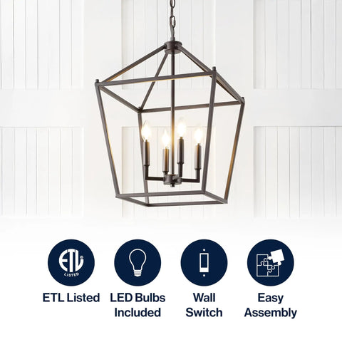 Oil Rubbed Bronze Lantern Pendant Light With 4-Light Pagoda Style Metal Cage Farmhouse Hanging Ceiling Fixture For Kitchen Island LED Bulbs Included Right Now showing 4-light metal cage detail and icons for features.