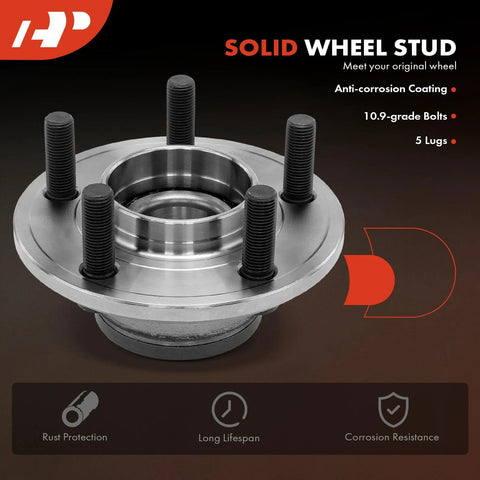 Two Front Wheel Bearing And Hub Assembly Set Direct Fit For Dodge Challenger Charger Magnum And Chrysler 300 2005 Through 2014 RWD Vehicles With Ball Bearing High Load Capacity Replacements, featuring anti-corrosion coated solid wheel stud with 10.9-grade bolts and 5 lugs.