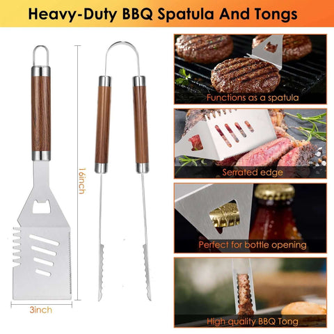 Front view of 34-piece stainless steel BBQ utensils with brown wooden handles, including spatula and tongs.