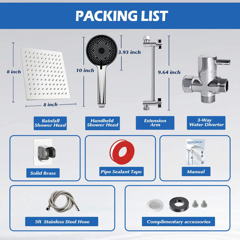 8 Inch Rain Shower Head With Handheld Spray Combo 11 Inch Angle Adjustable Extension Arm High Pressure Shower System Packing List