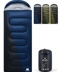 XXL Winter Sleeping Bag For Adults And Kids Ultra Warm Cozy All Season Camping Gear with Compression Sack displayed in different colors.