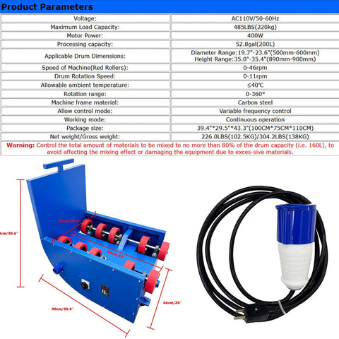 Shop Grade Electric Drum Rotator And Mixer Portable Steel Roller showing specifications and dimensions for heavy duty use.