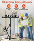 VEVOR 11ft Drywall Lift Heavy Duty 150 Lbs Sheetrock Hoist with adjustable arm and lockable wheels in use by two workers.