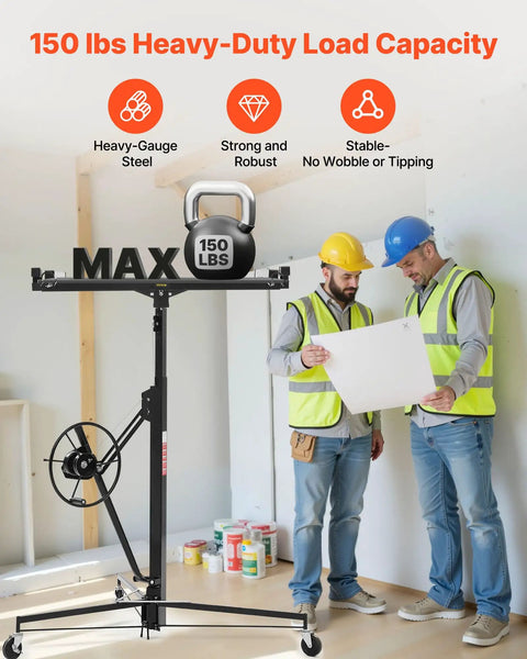 VEVOR 11ft Drywall Lift Heavy Duty 150 Lbs Sheetrock Hoist with adjustable arm and lockable wheels in use by two workers.