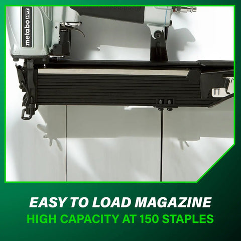 Wide Crown Pneumatic Stapler For Fast Framing And Lathing Projects Lightweight 16 Gauge Nailer drives staples; magazine close-up