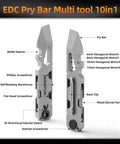 Front view of EDC Pry Bar Multitool 10-in-1, metallic gray with bi-directional ratchet, hex wrenches, bottle opener, pen, back clip.