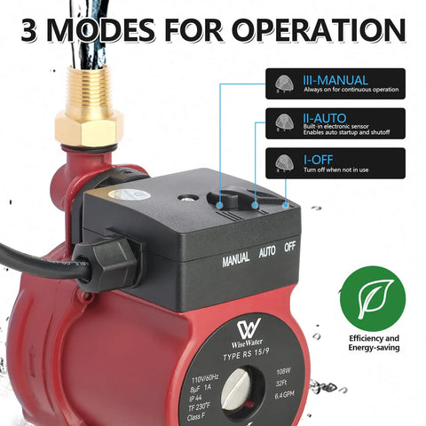 Automatic Hot Water Recirculating Pump 7 GPM 32 Ft Head Three Quarter Inch Score showing three operation modes: manual, auto, and off.