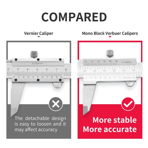 Comparison of vernier caliper vs mono block vernier calipers highlighting stability, Stainless Steel Vernier Caliper 0 to 8 Inch Thickened Mono Block Inch Metric Sliding Caliper with Depth Gauge 0.02 Inch Accuracy 0.001 Inch Resolution Heavy Duty Precision Tool for DIY Built Tough for Everyday Measurements