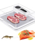 Electric Smart Defrosting Tray With Clear Visual Lid And Usb Power For Lightning Fast Meat Thawing High Conductivity Aluminum Base Quick Dinner Prep, featuring two steak cuts.