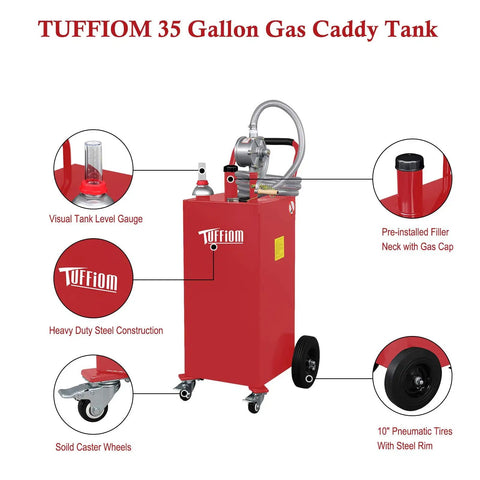 Bad Boy 35 Gallon Portable Gas Caddy With Rugged Wheels And Slick Manual Siphon Pump Plus Long Hose for quick and easy refueling.